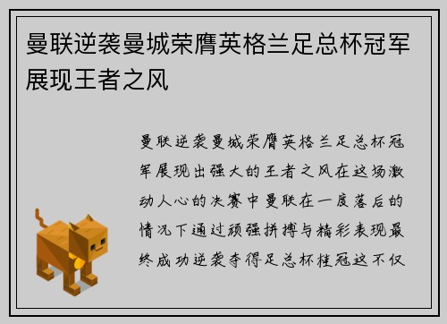 曼联逆袭曼城荣膺英格兰足总杯冠军展现王者之风